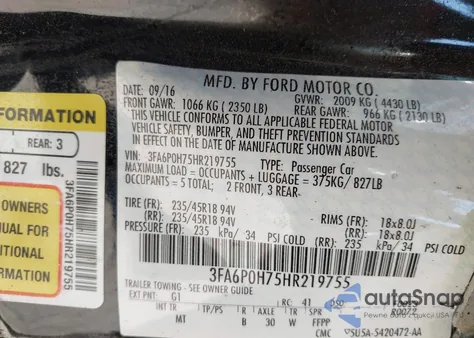 2017 Ford Fusion Se из США, поврежденный, VIN 3FA6P0H75HR219755